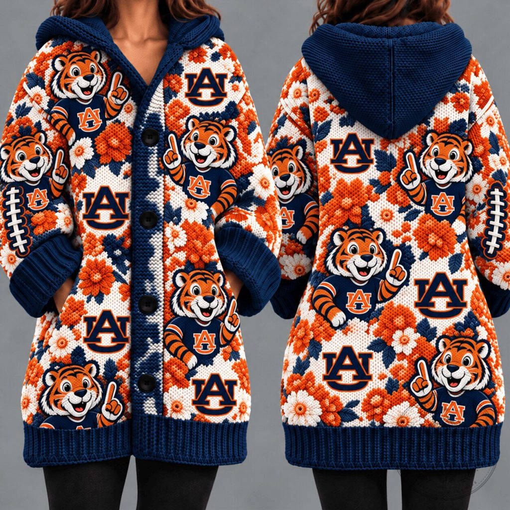 Auburn Tigers Mascot Floral Pattern Knit Cardigan Hoodie for Women Auburn Tigers Mascot Floral Pattern Knit Cardigan Hoodie for Women