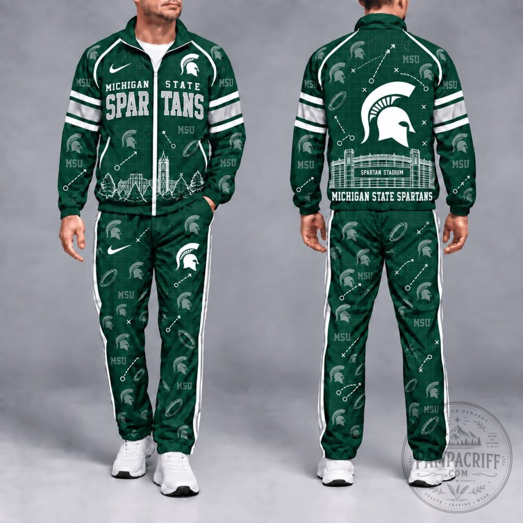Michigan State Spartans NCAA Football Team Green Tracksuit Set Michigan State Spartans NCAA Football Team Green Tracksuit Set
