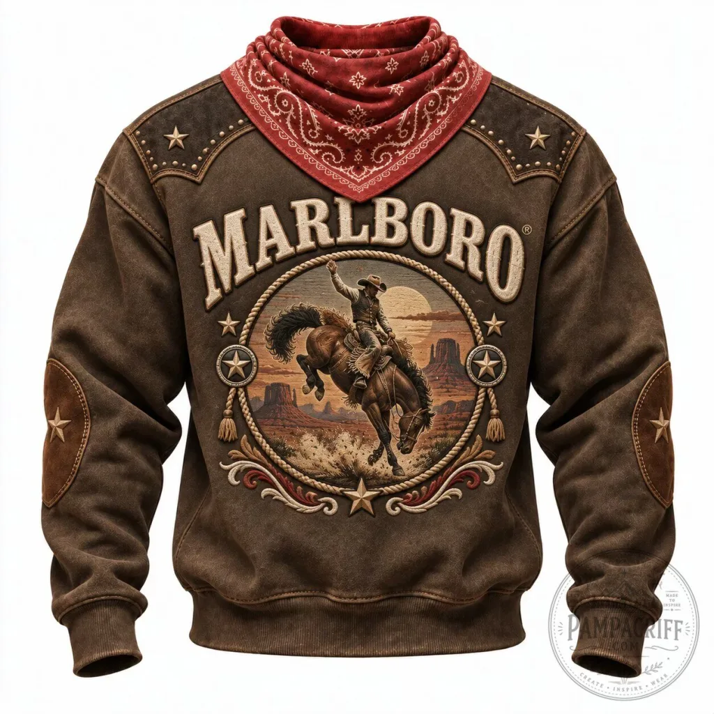 Marlboro Cowboy Rodeo Western Graphic Print Brown Long-Sleeve Sweatshirt Marlboro Cowboy Rodeo Western Graphic Print Brown Long-Sleeve Sweatshirt