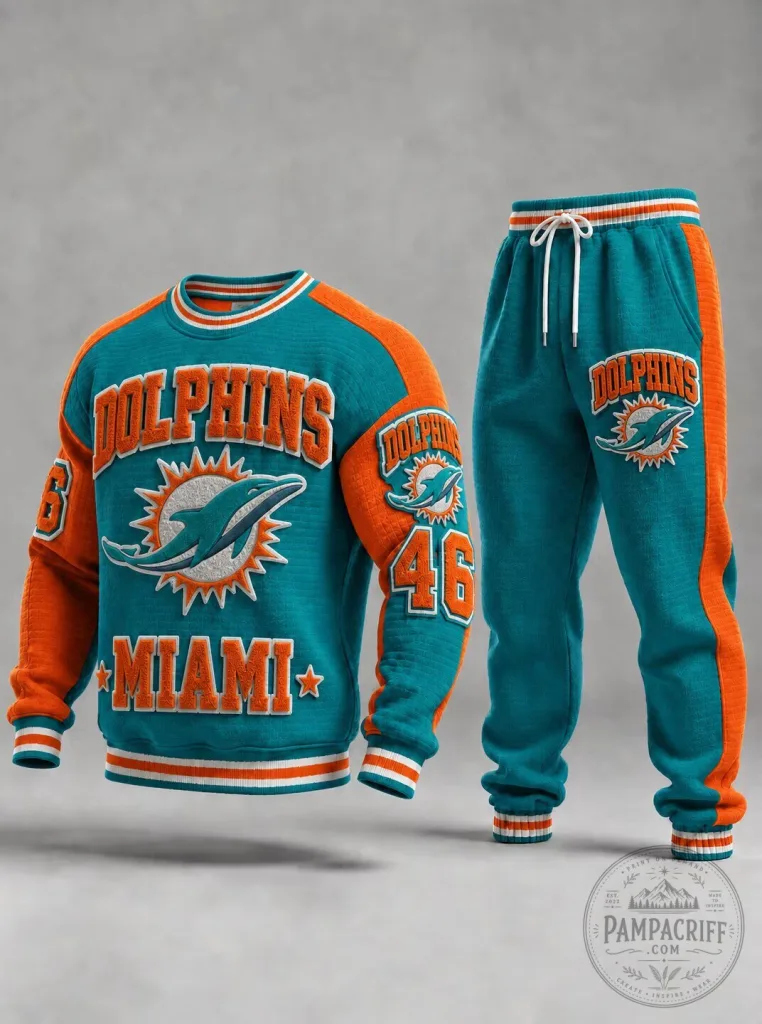 Miami Dolphins Football Team Logo Textured Crewneck Sweatshirt and Sweatpants Set 46 Miami Dolphins Football Team Logo Textured Crewneck Sweatshirt and Sweatpants Set