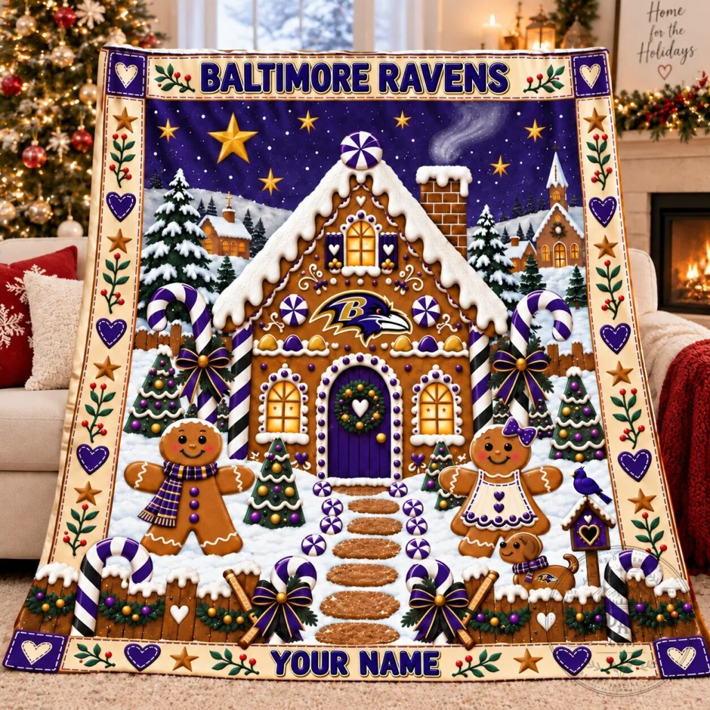Baltimore Ravens Gingerbread House Christmas Holiday Fleece Blanket Baltimore Ravens Gingerbread House Christmas Holiday Fleece Blanket
