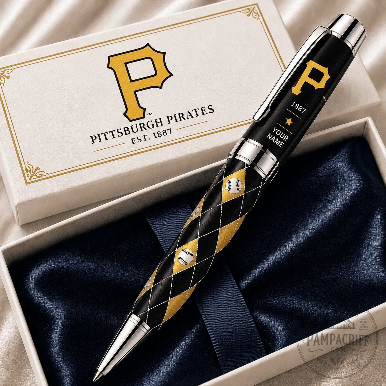 Pittsburgh Pirates Baseball Team Black and Gold Diamond Pattern Ballpoint Pen