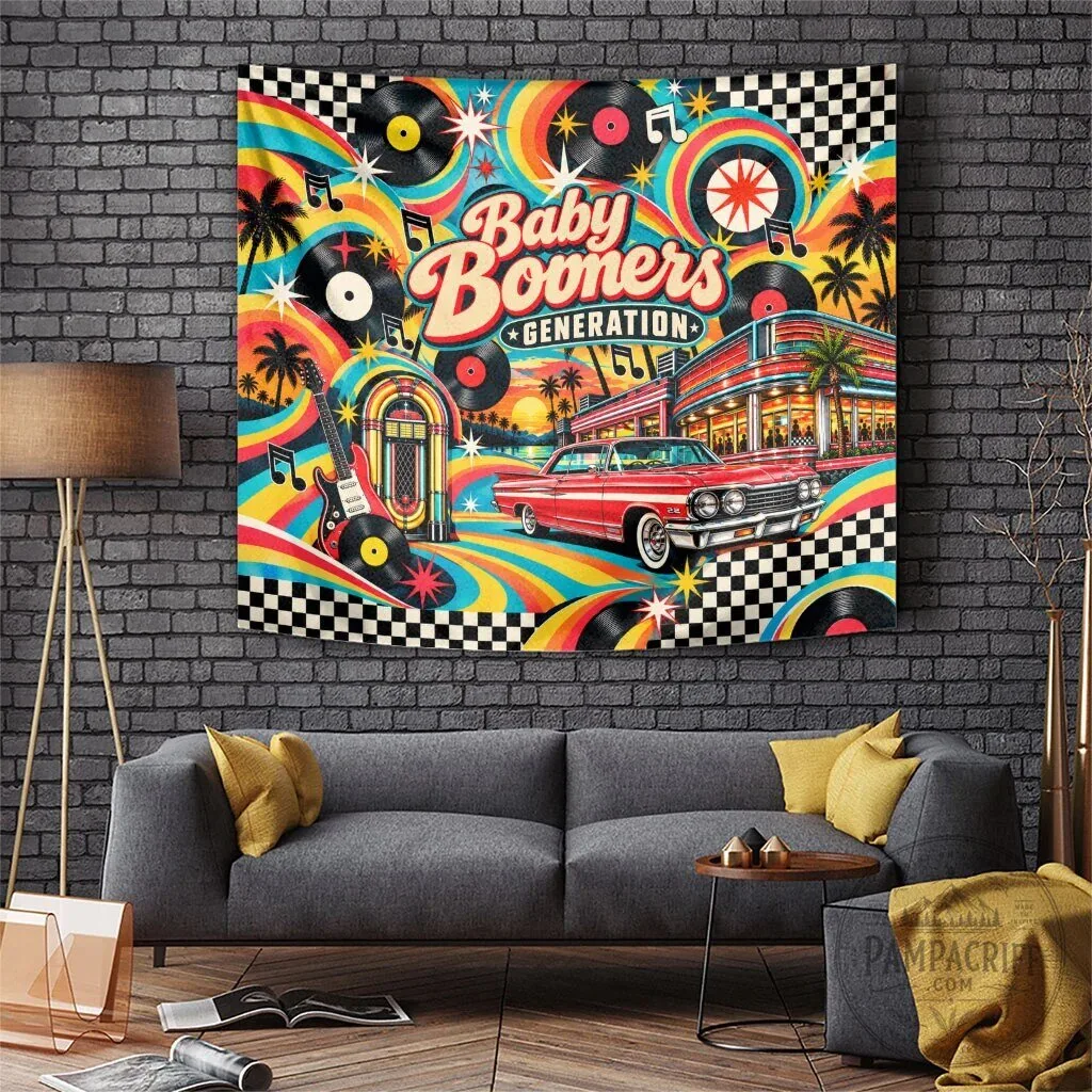 Baby Boomers Generation Vintage Retro Classic Car Jukebox Wall Art Tapestry 8 Baby Boomers Generation Vintage Retro Classic Car Jukebox Wall Art Tapestry