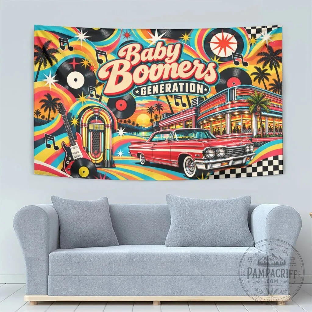 Baby Boomers Generation Vintage Retro Classic Car Jukebox Wall Art Tapestry 11 Baby Boomers Generation Vintage Retro Classic Car Jukebox Wall Art Tapestry