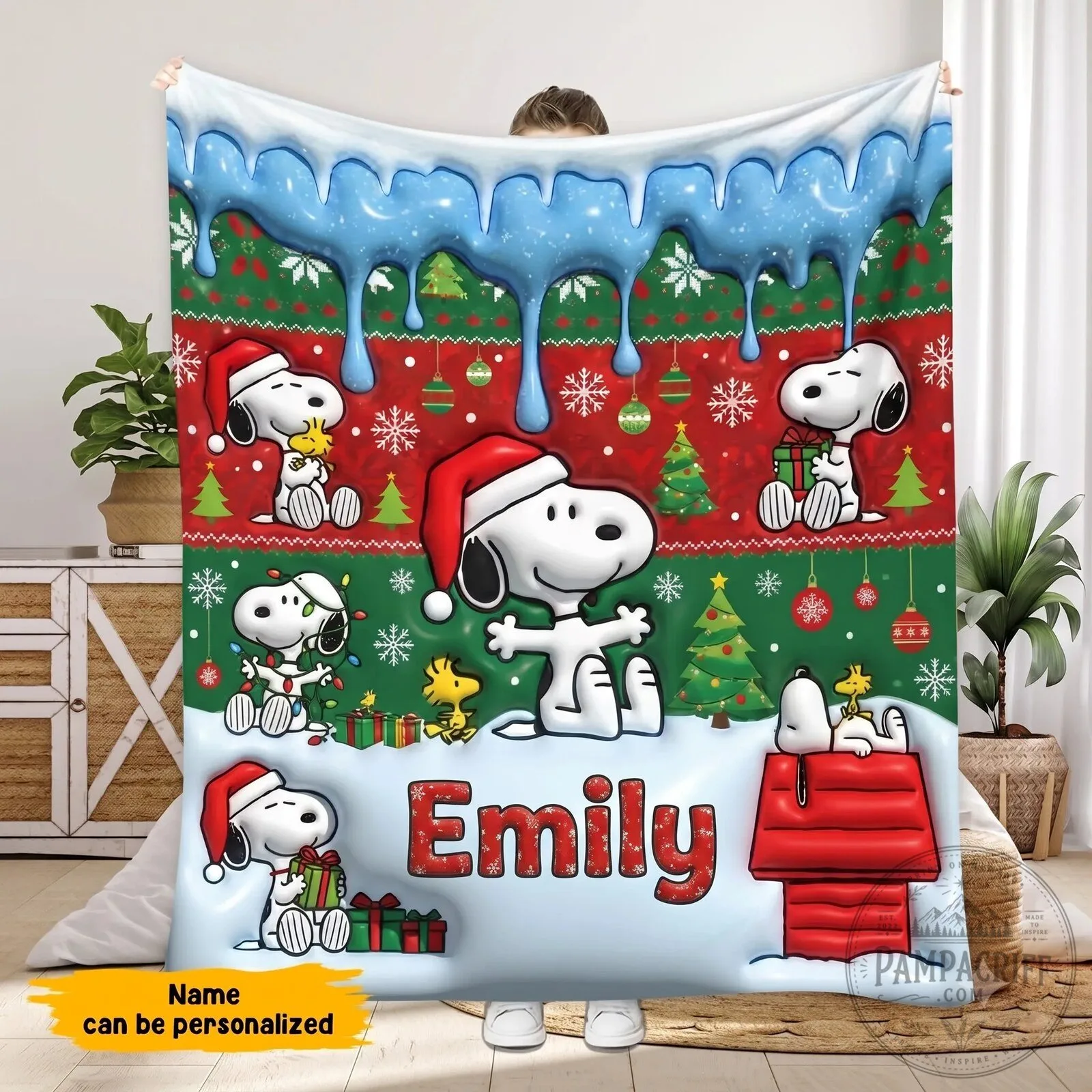 Personalized Snoopy and Woodstock Christmas Holiday Fleece Blanket