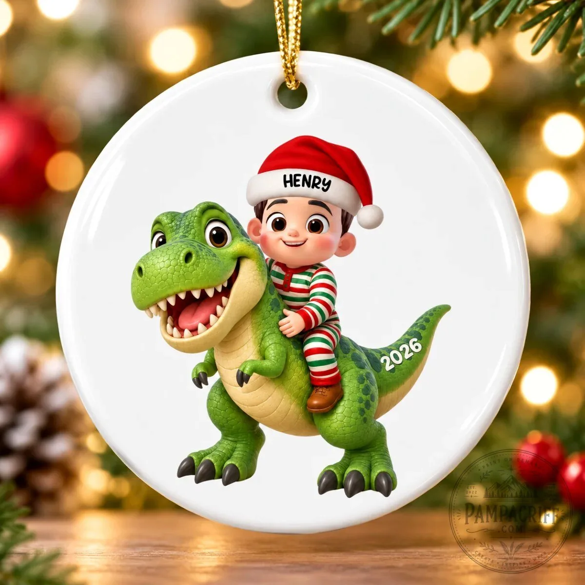 Personalized Christmas Boy Riding Dinosaur Ornament - Custom Kids Holiday Gift