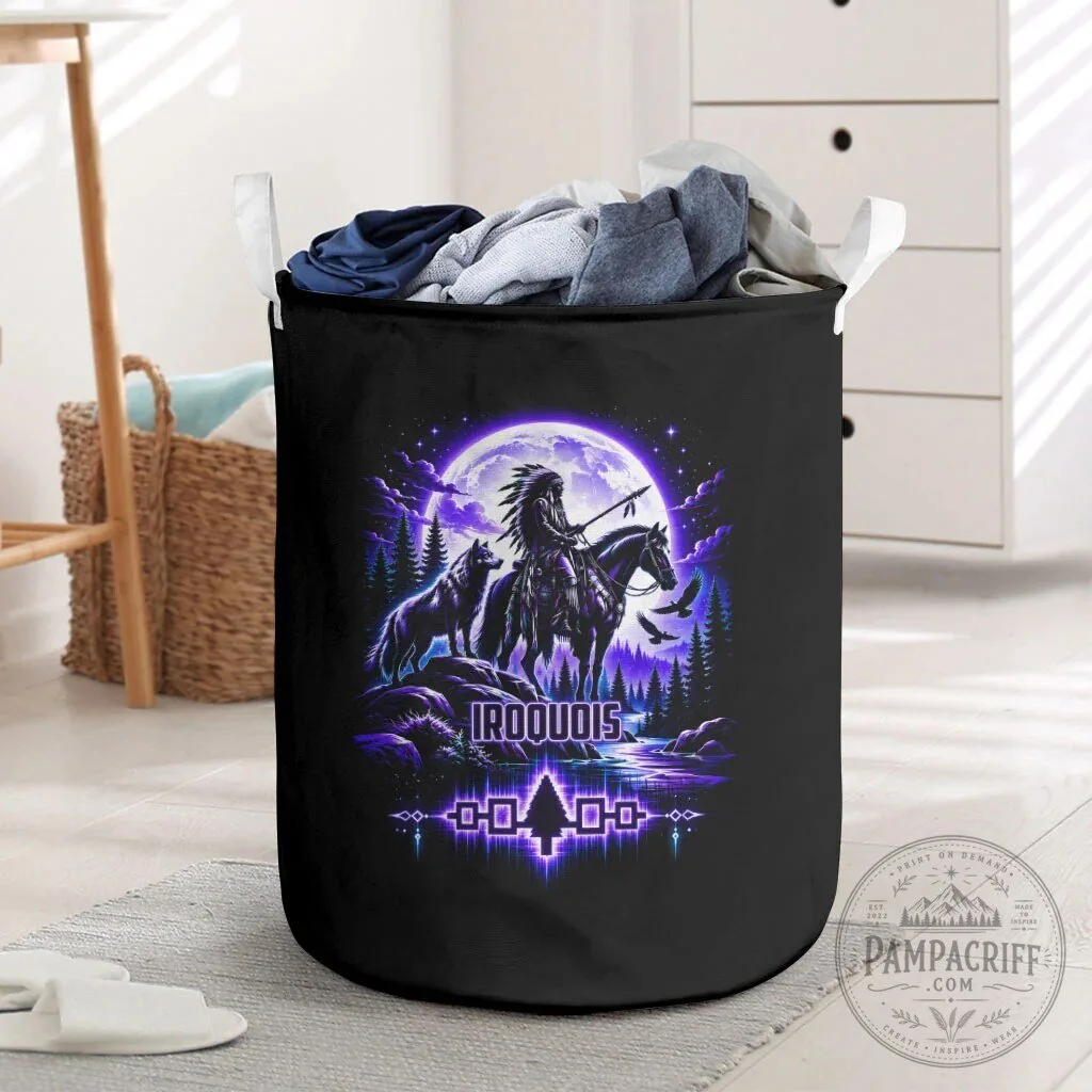 Iroquois Native American Warrior Laundry Basket with Wolf and Moon Design 9 Iroquois Native American Warrior Laundry Basket with Wolf and Moon Design