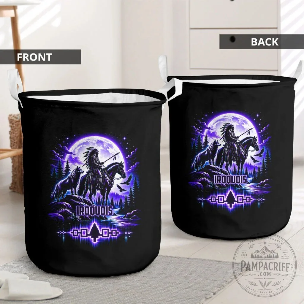 Iroquois Native American Warrior Laundry Basket with Wolf and Moon Design 10 Iroquois Native American Warrior Laundry Basket with Wolf and Moon Design