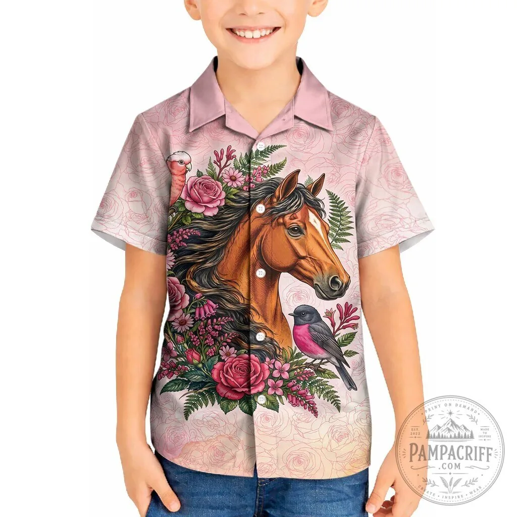 Pink Rose Horse Wreath Galah Cockatoo and Pink Robin Hawaiian Shirt for Kids