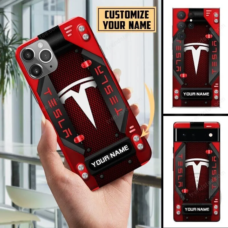 Custom Name Tesla Logo Red Black Carbon Fiber Pattern Phone Case