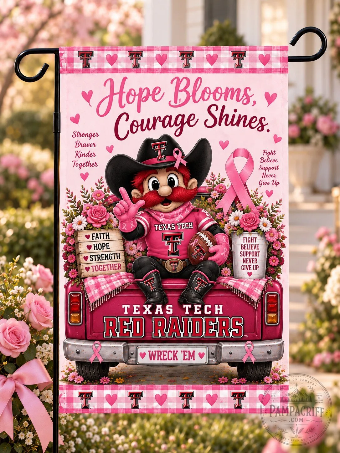 Texas Tech Red Raiders Breast Cancer Awareness Hope Blooms Courage Shines Flag
