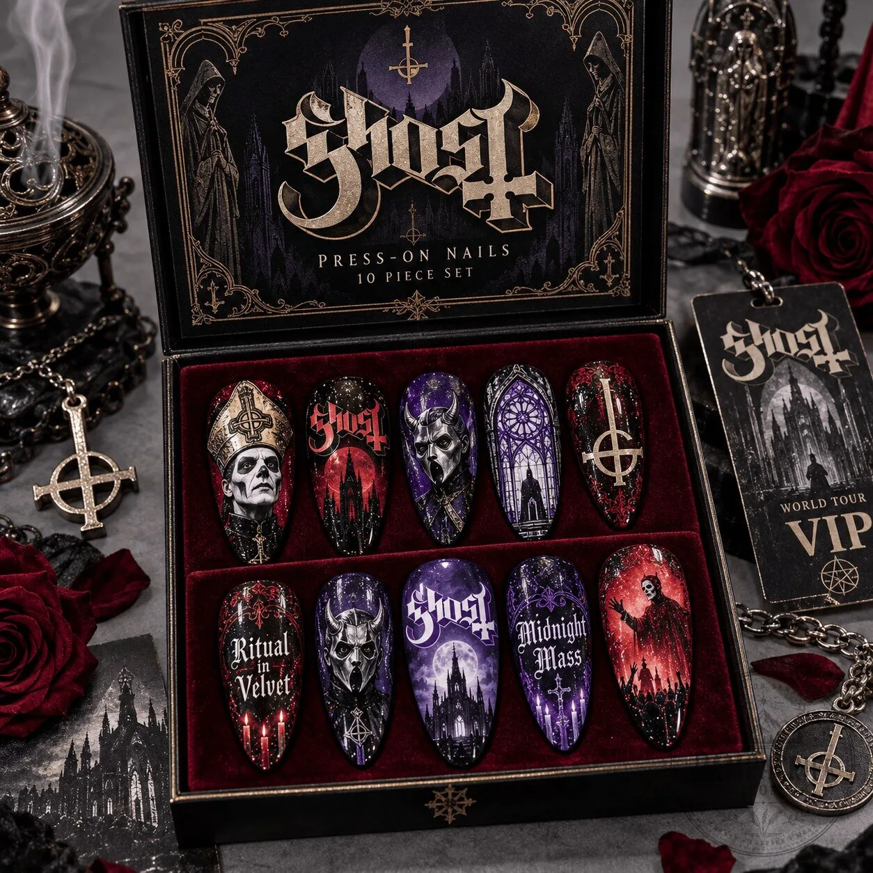 Ghost Papa Emeritus Gothic Symbols Press-On Nail Set for Metal Fans