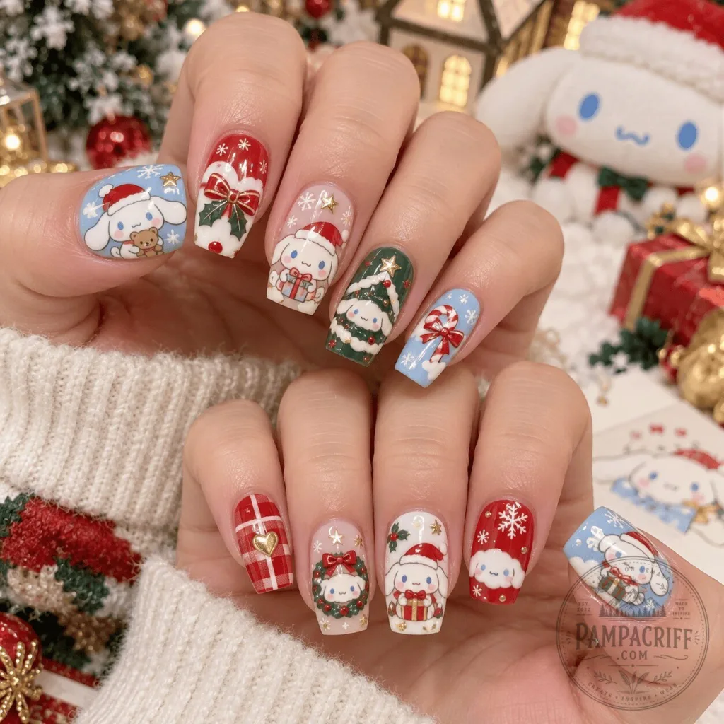 Cinnamoroll Christmas Holiday Press On Nails Set with Santa Hat and Presents Cinnamoroll Christmas Holiday Press On Nails Set with Santa Hat and Presents