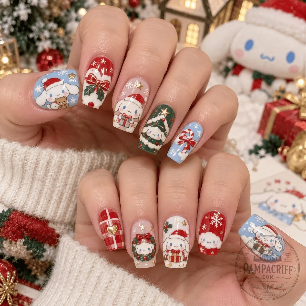 Cinnamoroll Christmas Holiday Press On Nails Set with Santa Hat and Presents