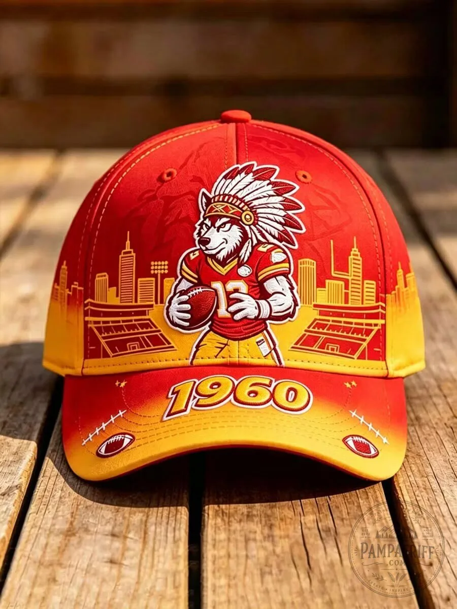 Kansas City Football Team Wolf Mascot Red and Gold Baseball Cap Hat