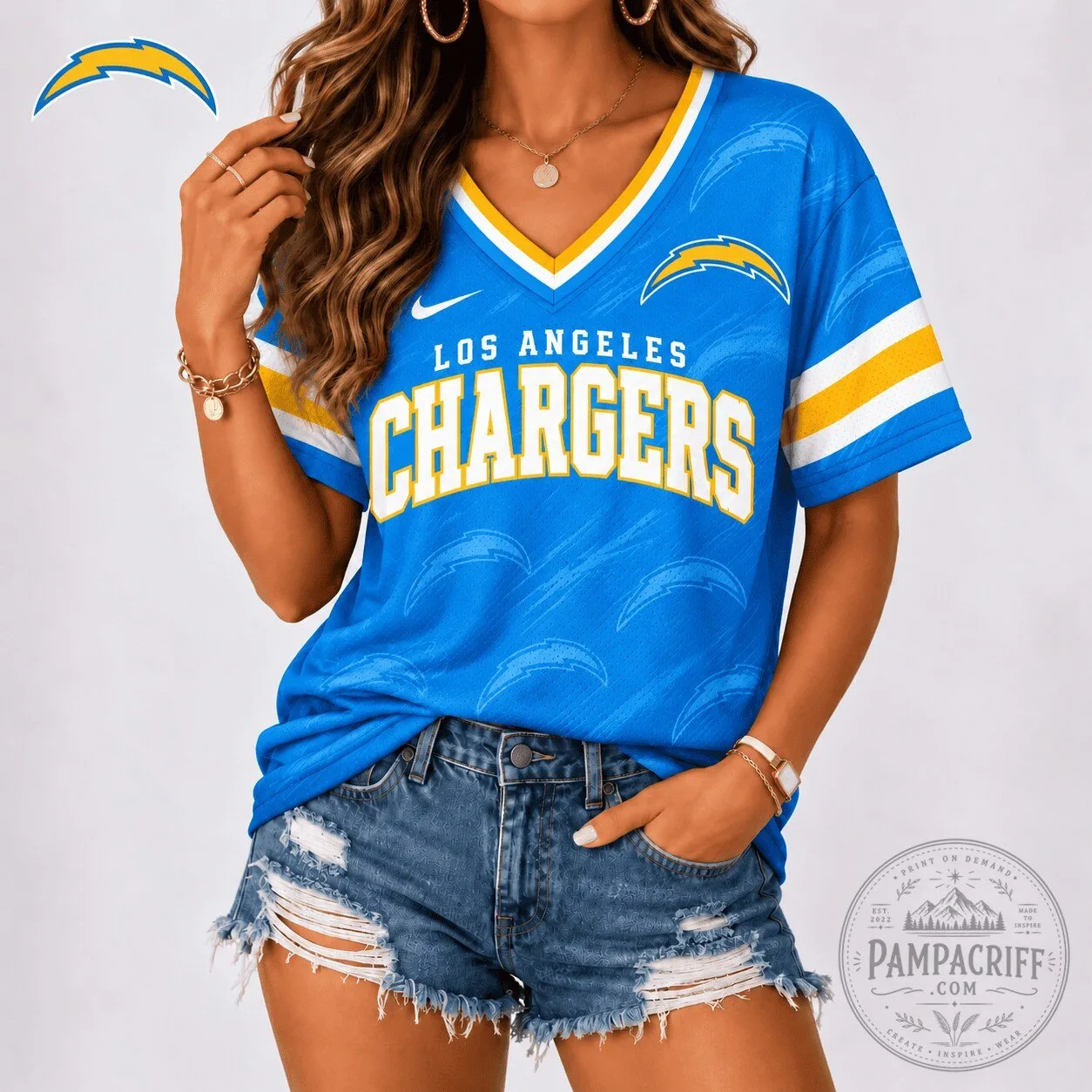 Los Angeles Chargers NFL Team Spirit V-Neck Football Jersey for Women 2 Los Angeles Chargers NFL Team Spirit V-Neck Football Jersey for Women