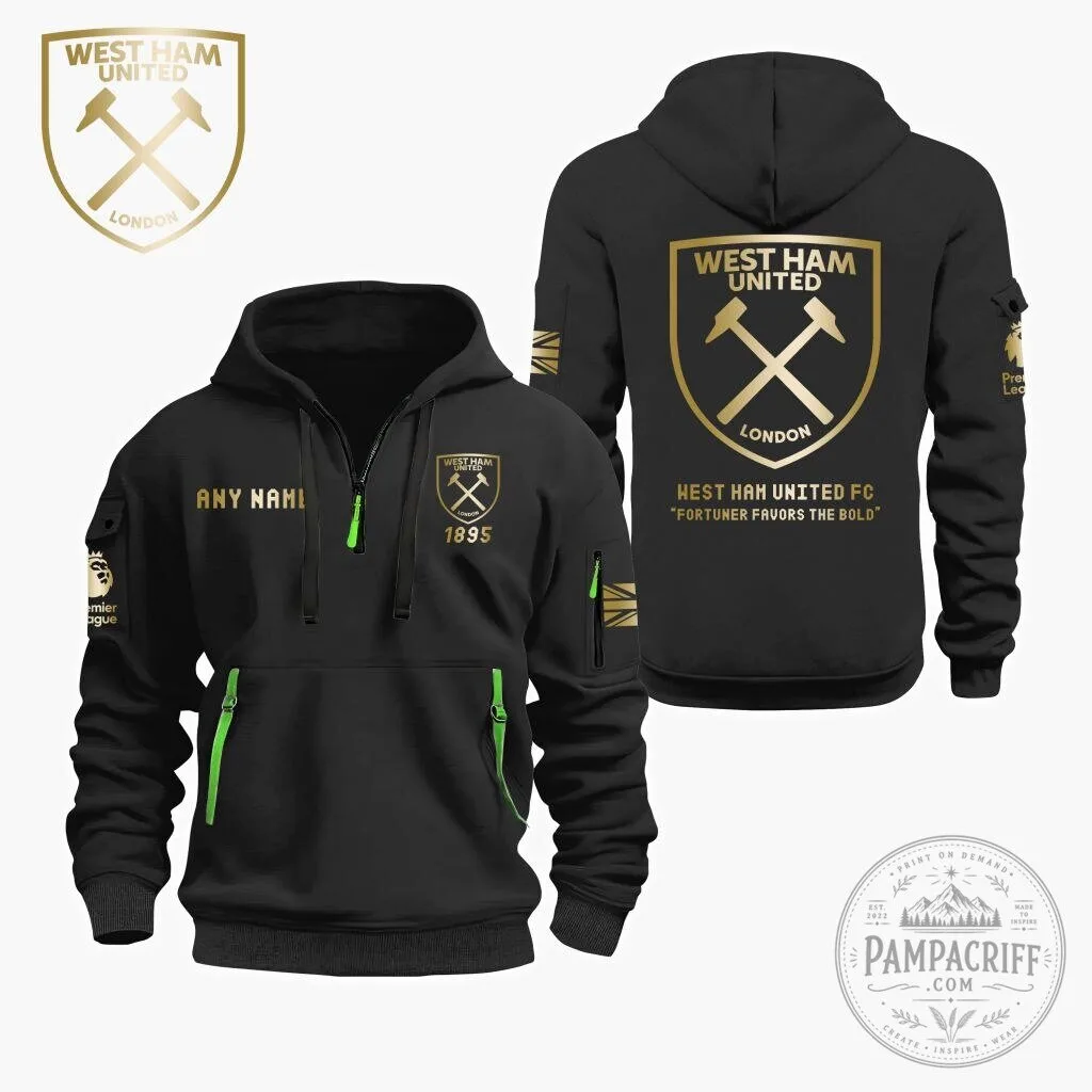 West Ham United Football Club Personalized Gold Logo Black Quarter Zip Hoodie