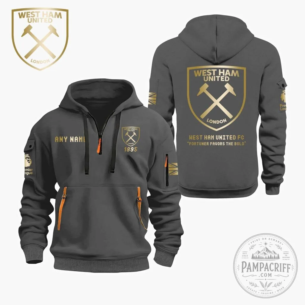 West Ham United Football Club Personalized Gold Logo Black Quarter Zip Hoodie 13 West Ham United Football Club Personalized Gold Logo Black Quarter Zip Hoodie