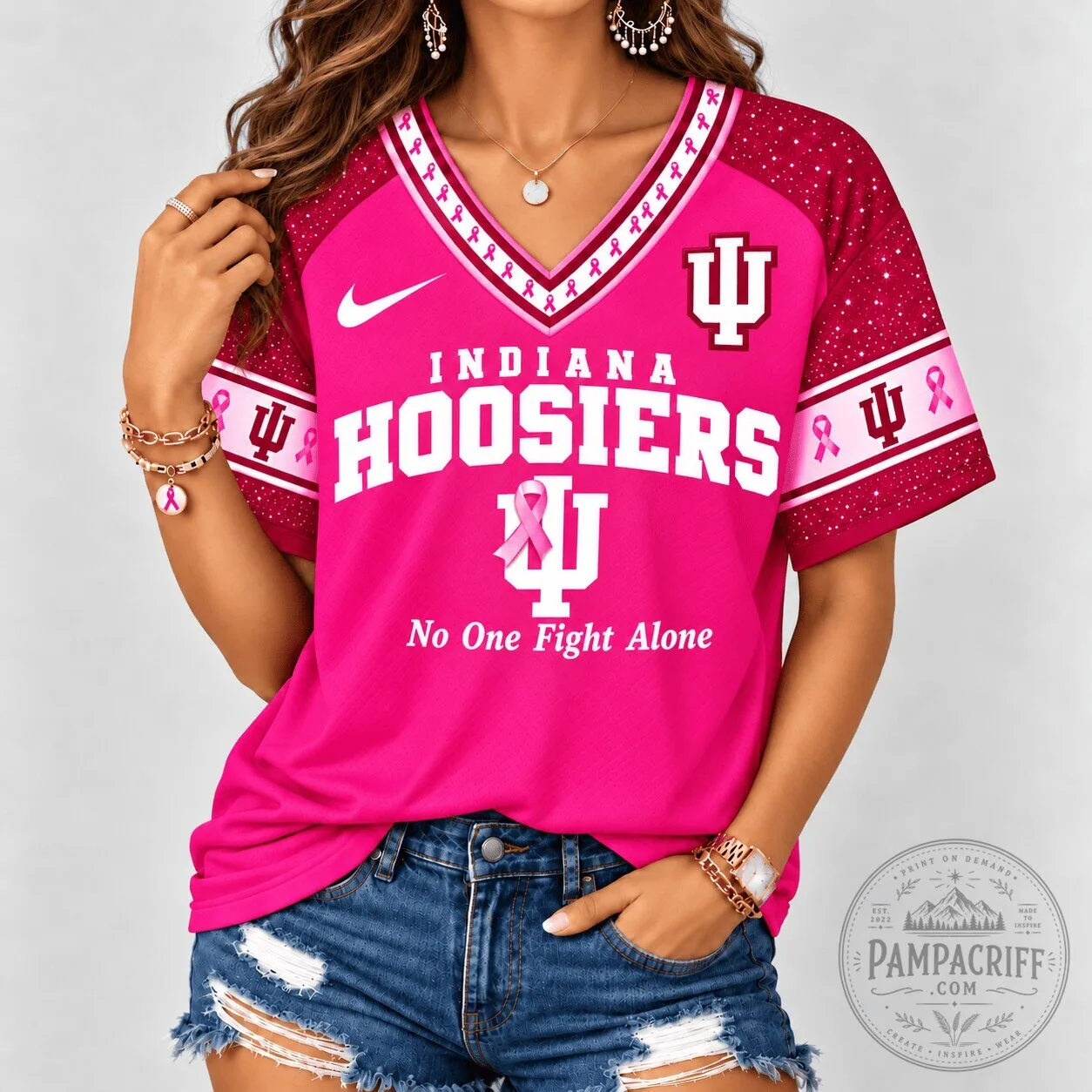 Indiana Hoosiers No One Fight Alone Breast Cancer Awareness V-Neck T-Shirt 2 Indiana Hoosiers No One Fight Alone Breast Cancer Awareness V-Neck T-Shirt