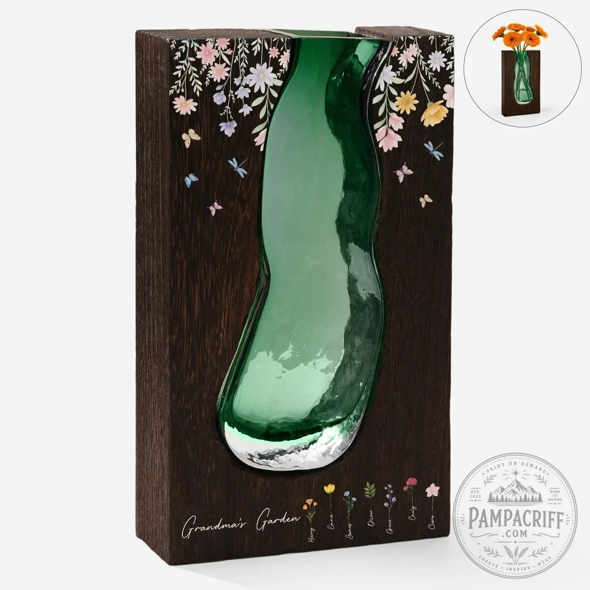 Personalized Grandma's Garden Wooden Vase with Glass Insert for Mother's Day