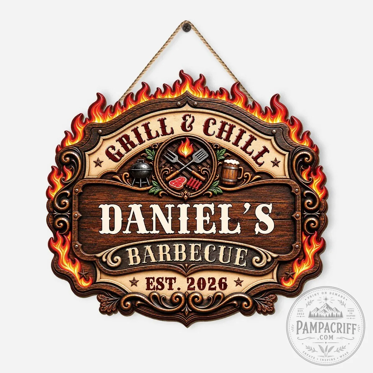 Personalized Grill And Chill Barbecue Wood Sign For Outdoor Patio Decor