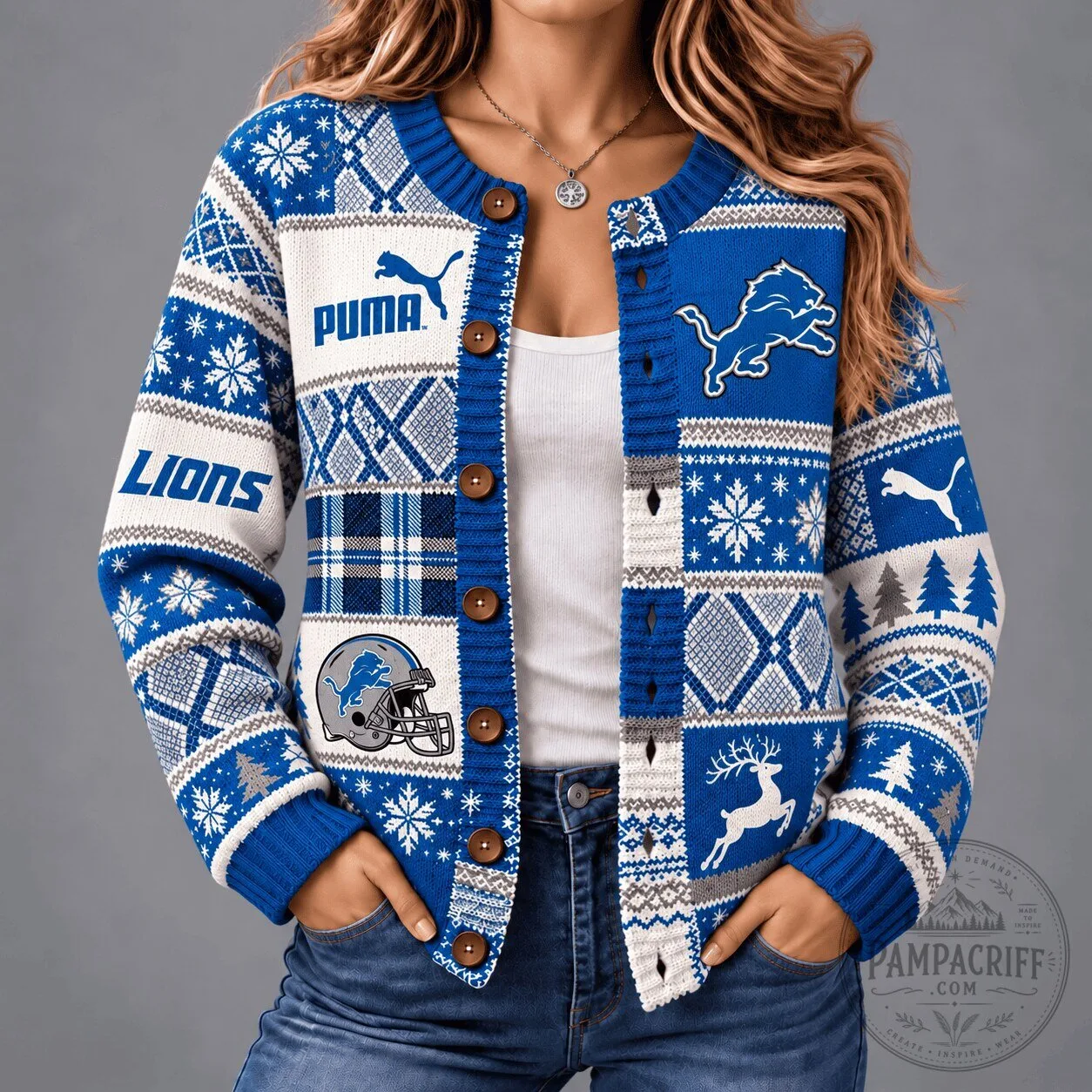 Detroit Lions Christmas Patchwork Cardigan Sweater