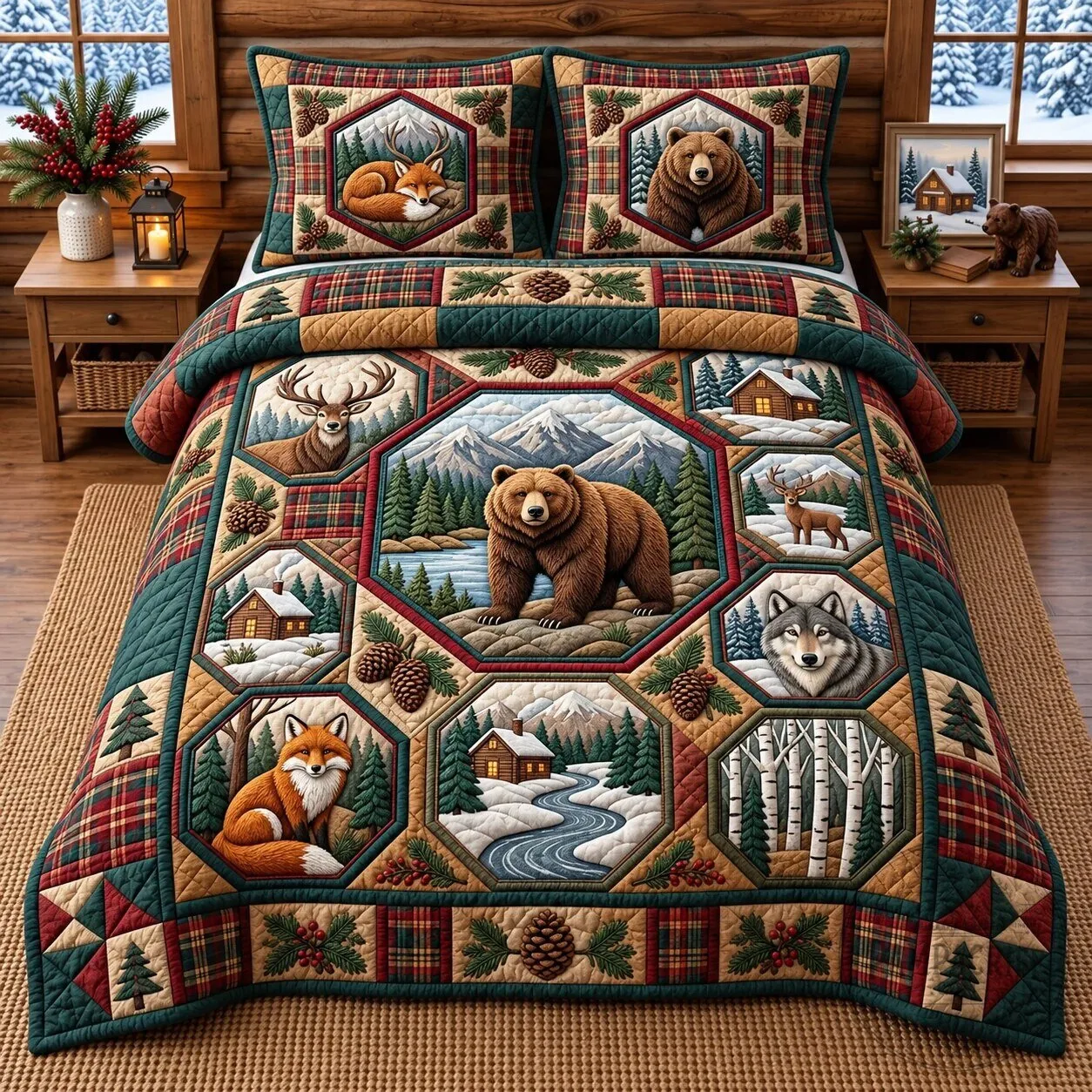 Rustic Wildlife Patchwork Quilted Bedding Set with Bear and Deer Design