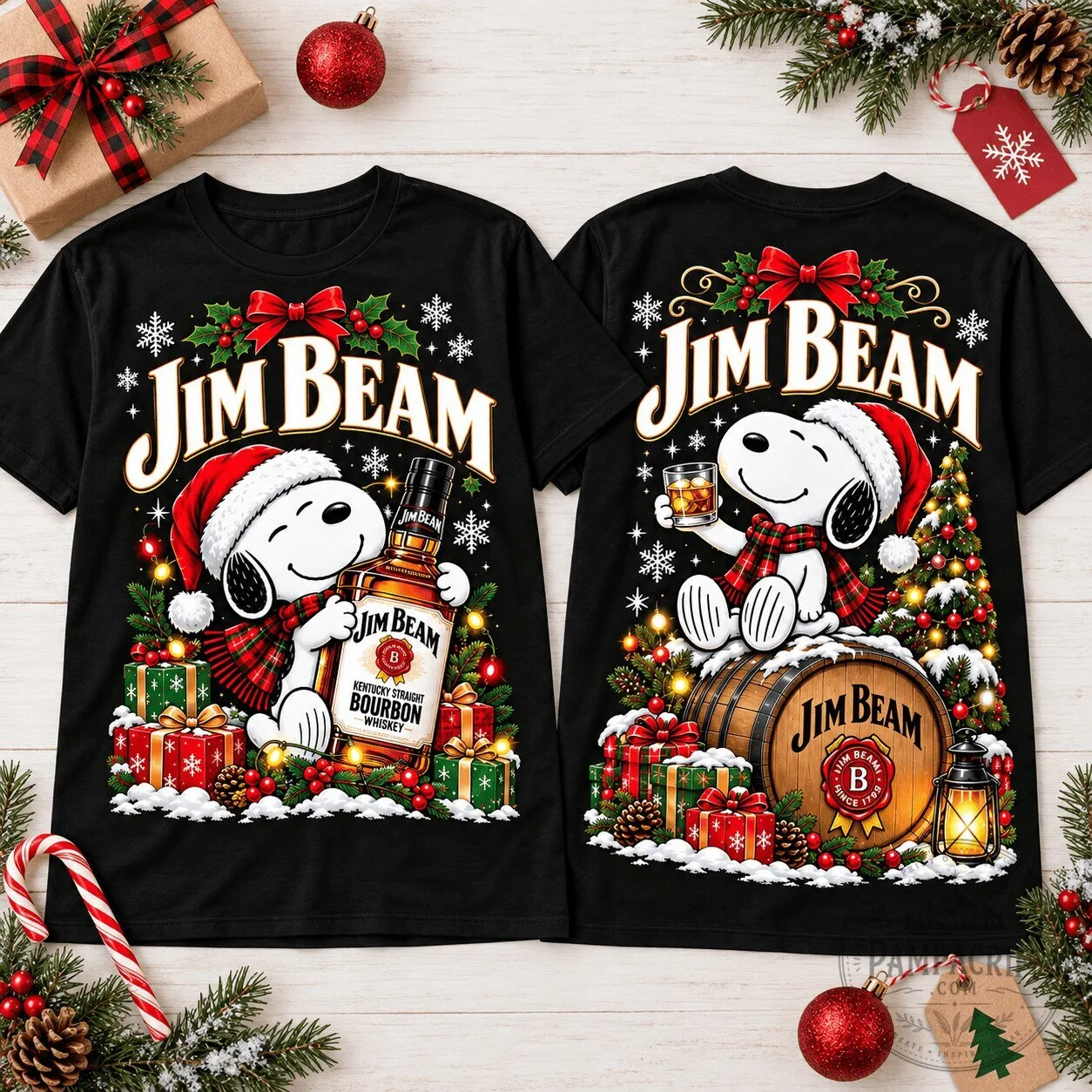 Jim Beam Snoopy Christmas Bourbon Whiskey Holiday Black T-Shirt