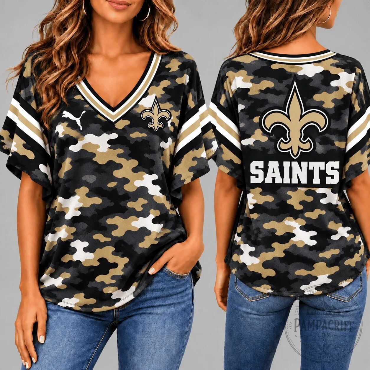 New Orleans Saints Camouflage Print V-Neck Short Sleeve Football T-Shirt