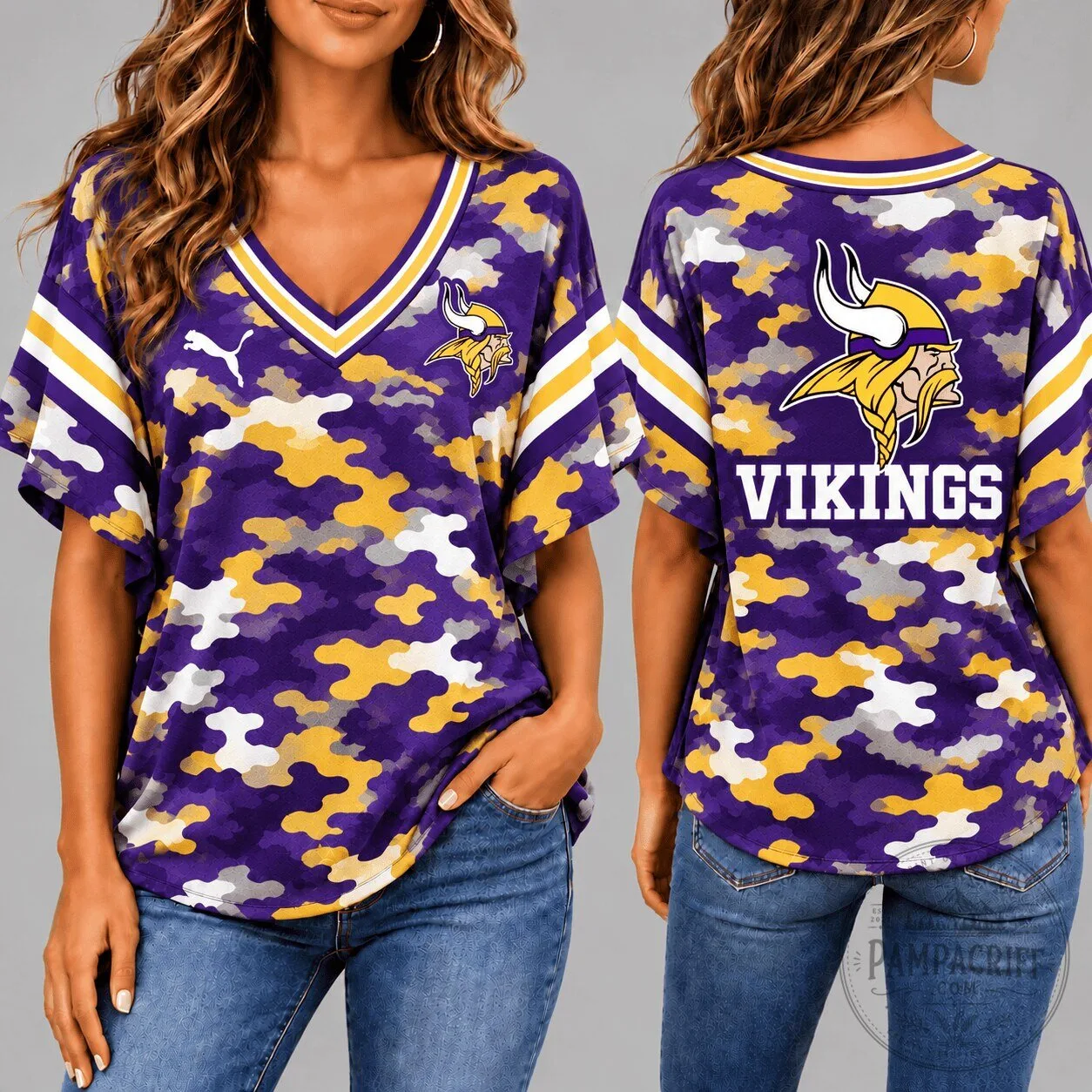 Minnesota Vikings Camouflage Print V-Neck Short Sleeve Football T-Shirt for Women
