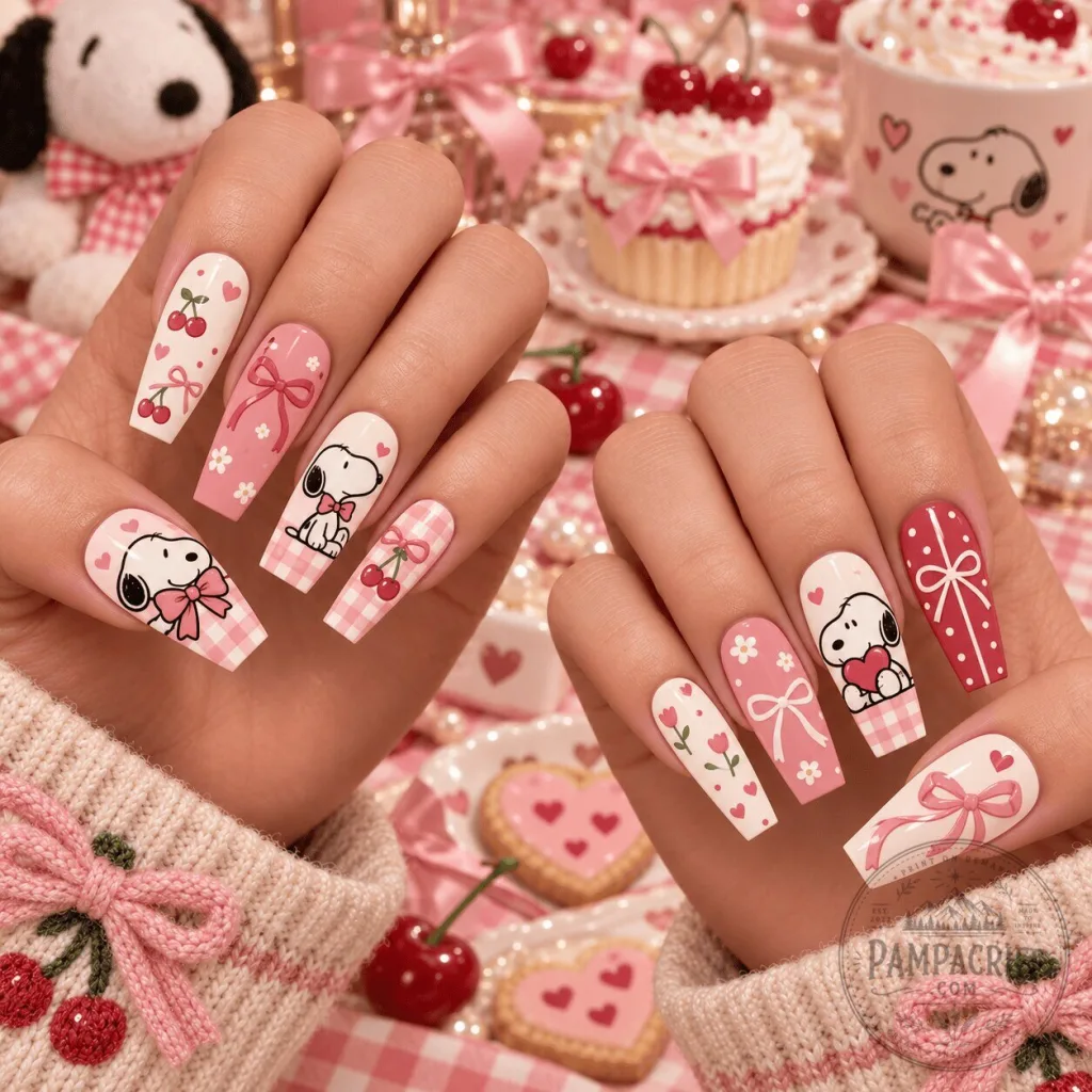 Snoopy Pink Coquette Cherry Bow Heart Valentine's Day Press-On Nails 39 Snoopy Pink Coquette Cherry Bow Heart Valentine's Day Press-On Nails
