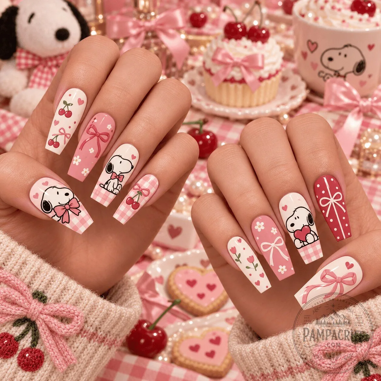Snoopy Pink Coquette Cherry Bow Heart Valentine's Day Press-On Nails