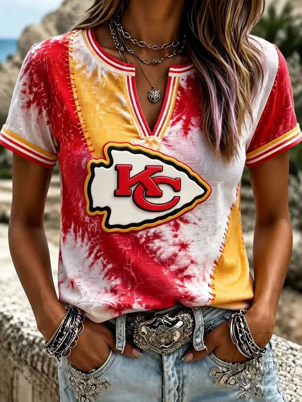 Kansas City Chiefs Tie-Dye V-Neck Short Sleeve Football T-Shirt for Women 2 Kansas City Chiefs Tie-Dye V-Neck Short Sleeve Football T-Shirt for Women
