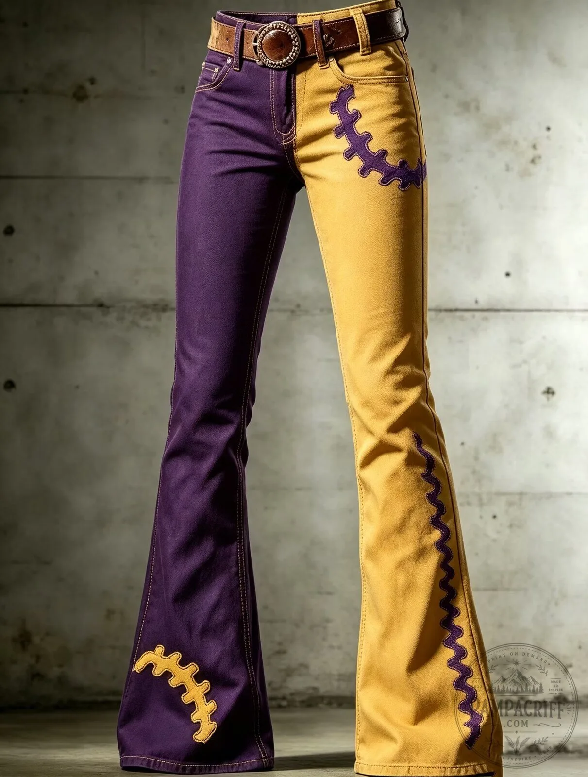 Purple and Gold Football Stitch Bell Bottom Pants for Women 1 Purple and Gold Football Stitch Bell Bottom Pants for Women