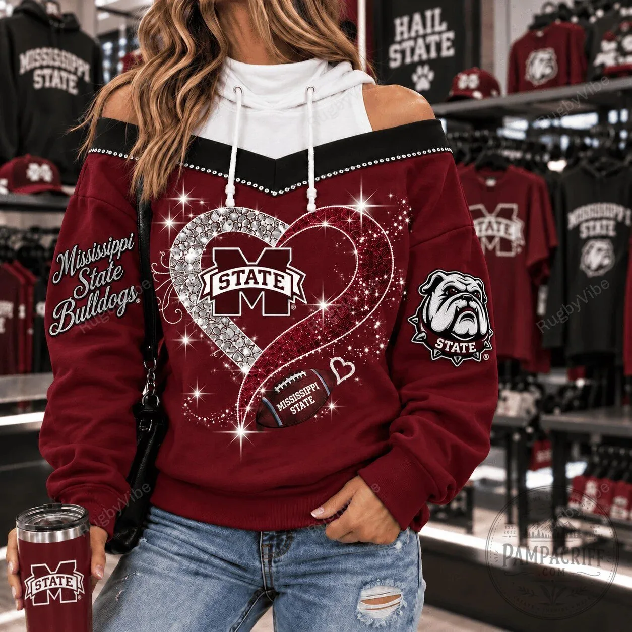 Mississippi State Bulldogs Diamond Heart Design Off-Shoulder Hoodie