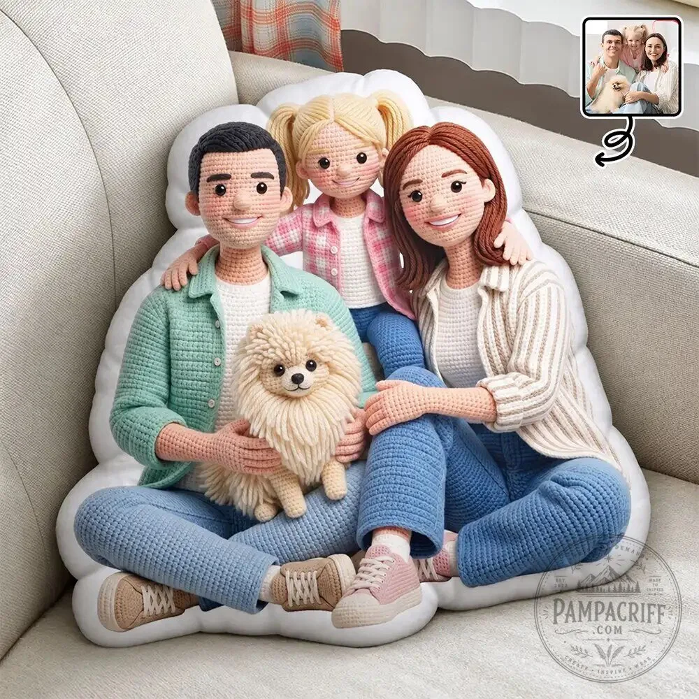 Personalized Family Portrait Crochet Doll Effect Custom Shaped Throw Pillow