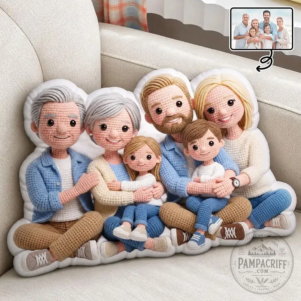 Personalized Family Portrait Crochet Doll Effect Custom Shaped Throw Pillow 14 Personalized Family Portrait Crochet Doll Effect Custom Shaped Throw Pillow