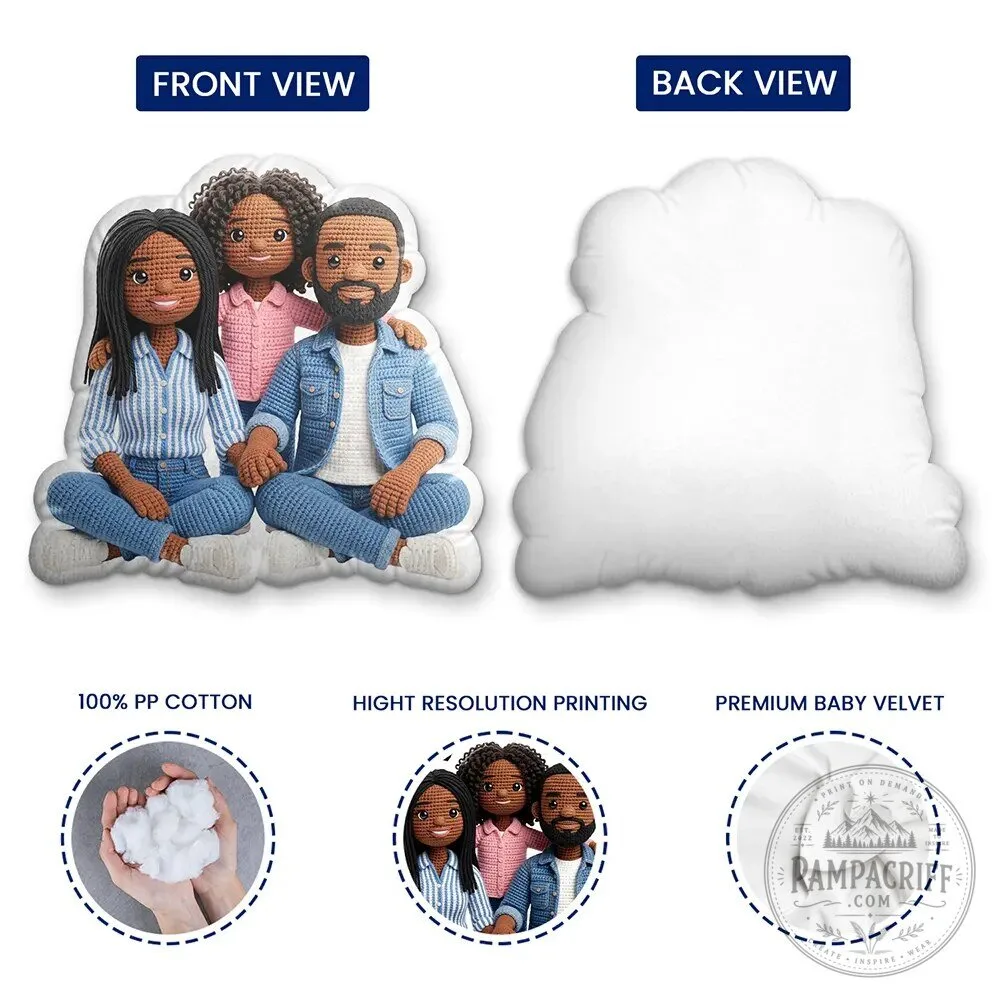 Personalized Family Portrait Crochet Doll Effect Custom Shaped Throw Pillow 17 Personalized Family Portrait Crochet Doll Effect Custom Shaped Throw Pillow