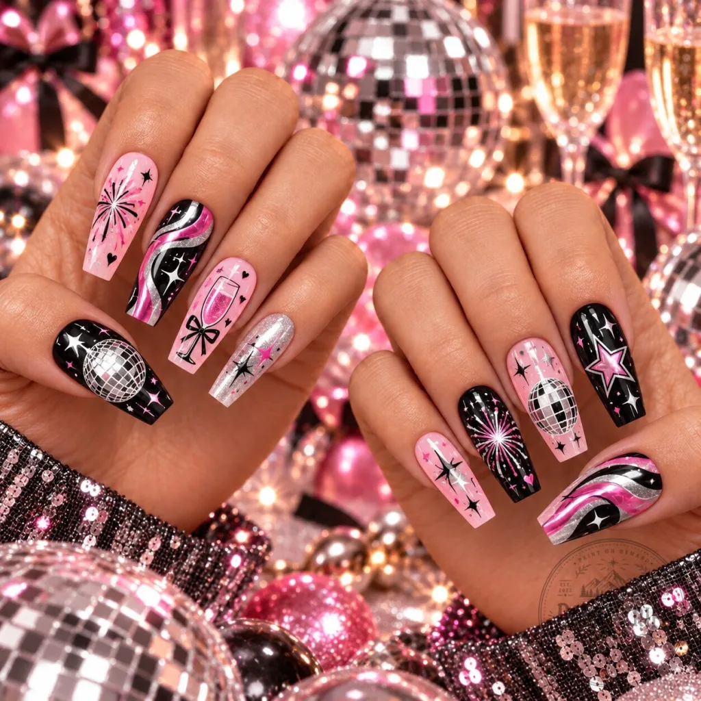New Year's Eve Disco Ball Pink and Black Sparkle Press-On Nails 31 New Year's Eve Disco Ball Pink and Black Sparkle Press-On Nails