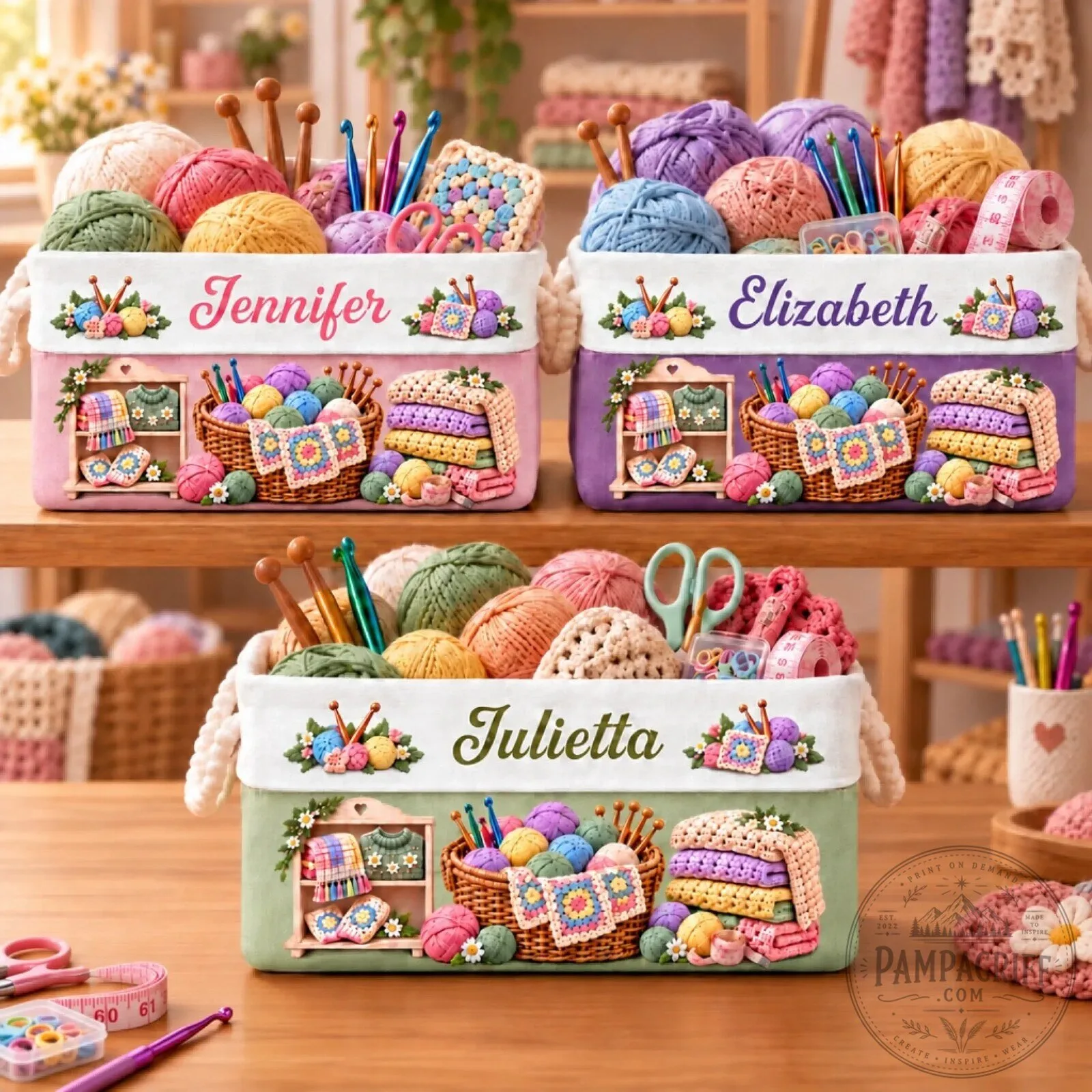 Personalized Crochet Yarn Storage Basket with Custom Name for Knitting Supplies