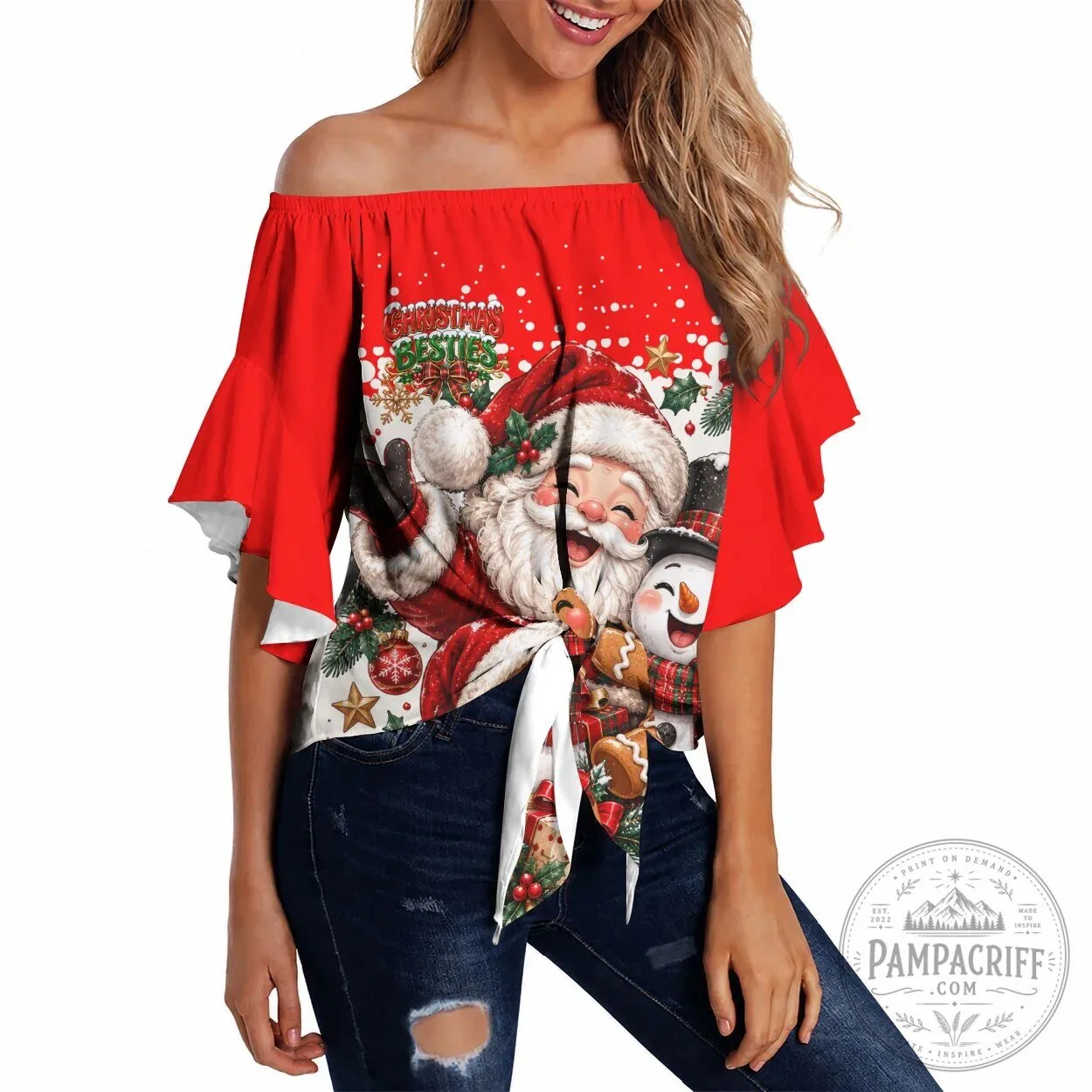Cute Christmas Besties Santa Snowman Gingerbread Festive Off Shoulder Wrap Waist Top