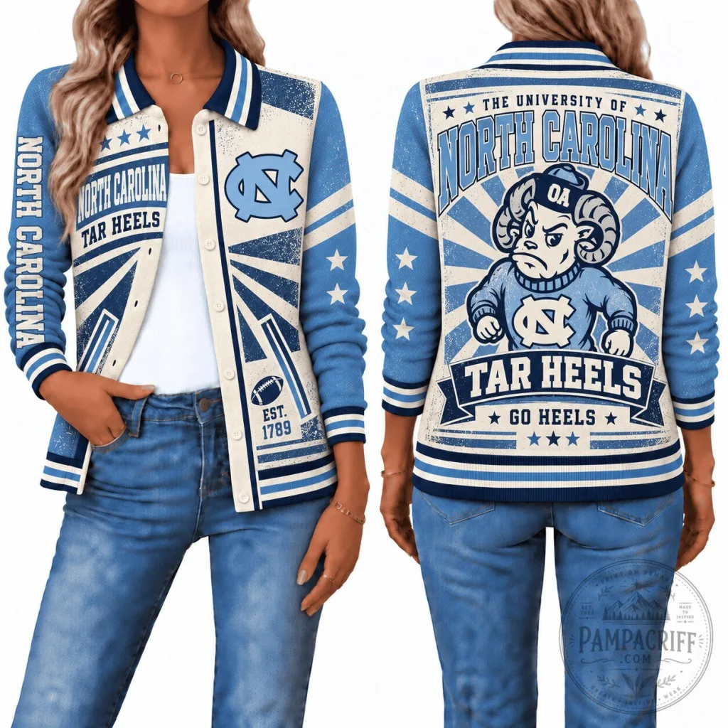 North Carolina Tar Heels Mascot Vintage Style Women's Bomber Jacket North Carolina Tar Heels Mascot Vintage Style Women's Bomber Jacket