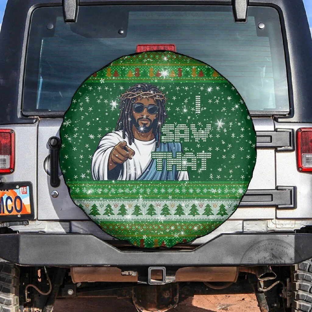 Funny Black Jesus I Saw That Christmas Ugly Sweater Spare Tire Cover
