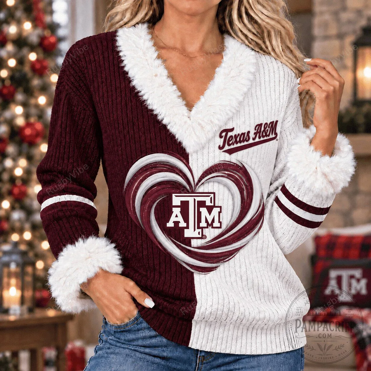 Texas A&M Aggies Heart Design Faux Fur Collar Knit Sweater