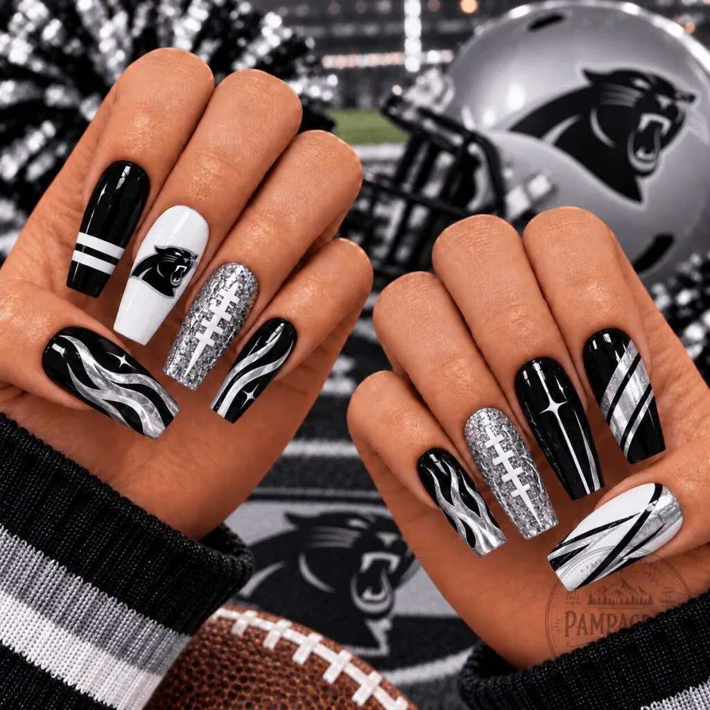 Carolina Panthers NFL Football Black Silver Chrome Game Day Press-On Nails Carolina Panthers NFL Football Black Silver Chrome Game Day Press-On Nails