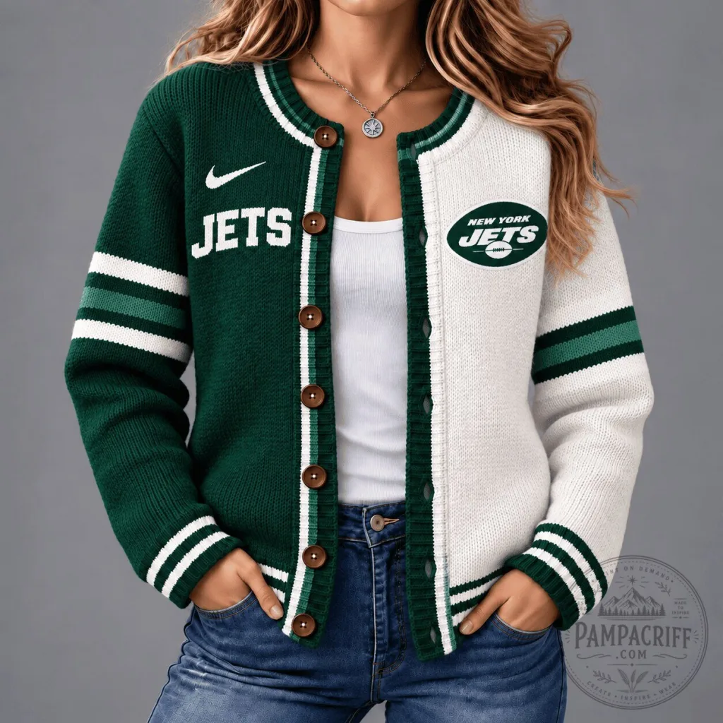 New York Jets Half and Half Knitted Cardigan Sweater for Women 32 New York Jets Half and Half Knitted Cardigan Sweater for Women