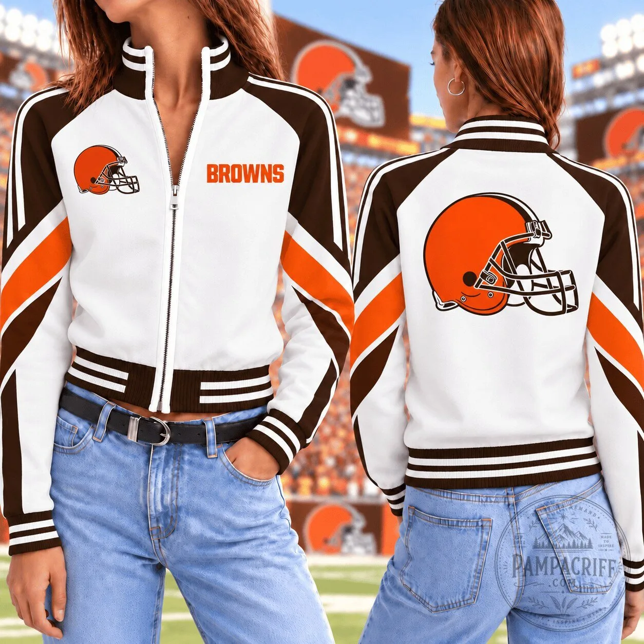 Cleveland Browns Football Team Helmet Logo White Full Zip Bomber Jacket