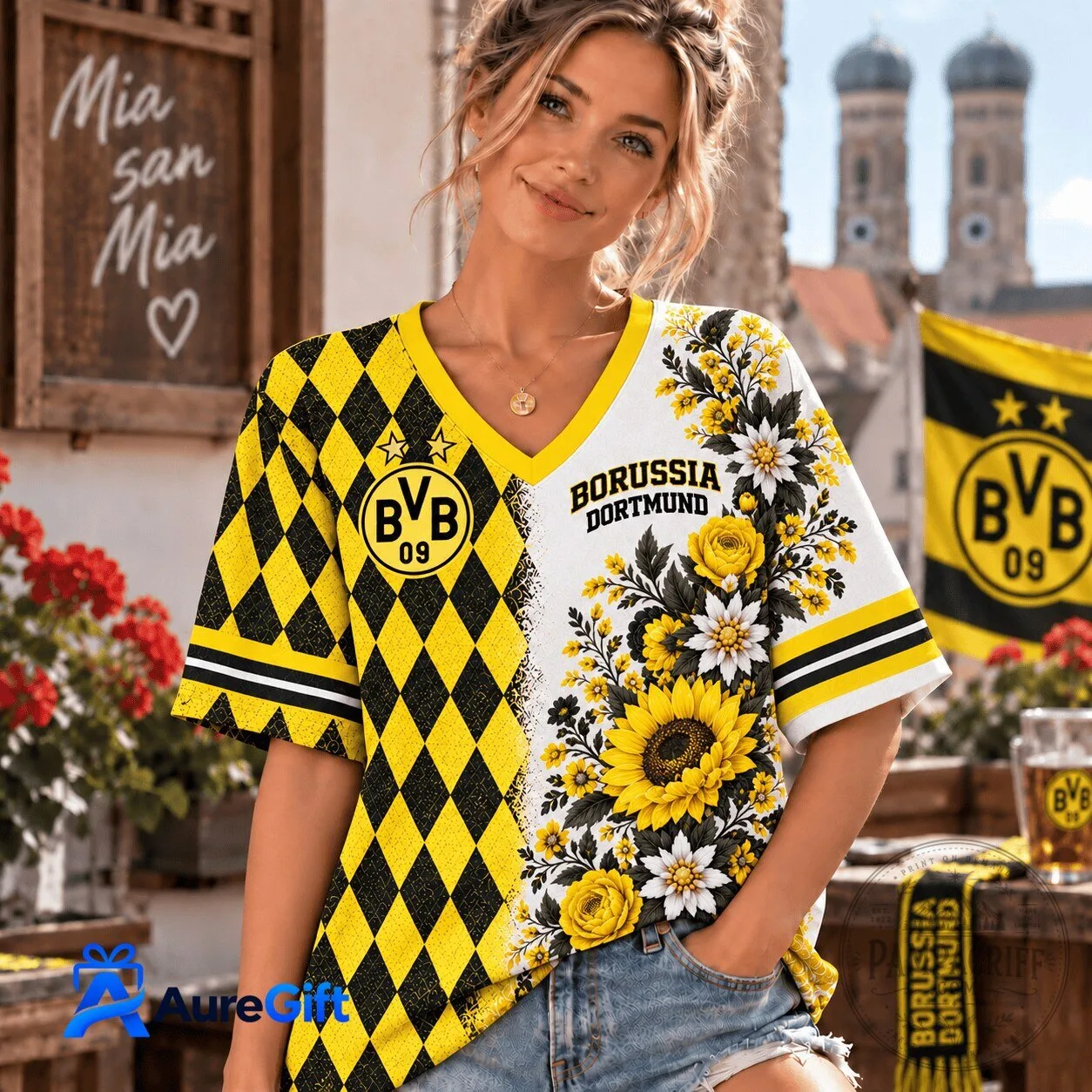Borussia Dortmund Floral V-Neck T-Shirt for Women