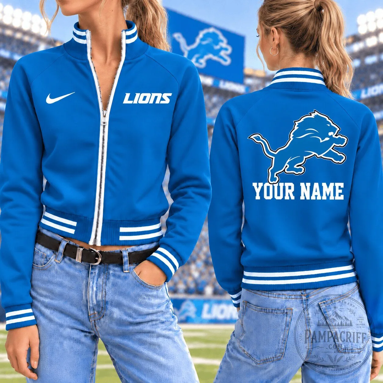 Detroit Lions Women's Custom Name Full Zip Bomber Jacket with Team Logo