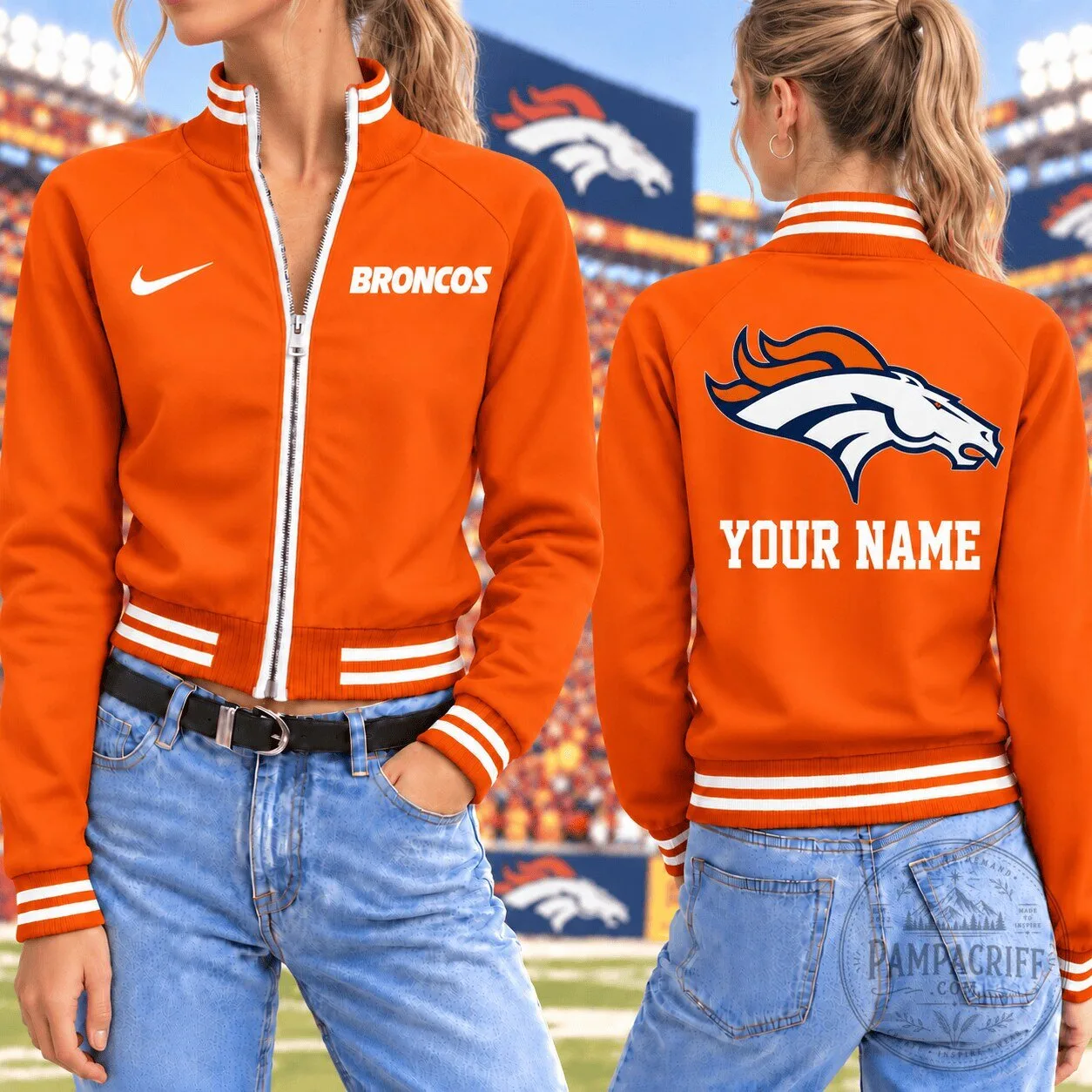 Denver Broncos NFL Custom Name Orange White Striped Bomber Jacket